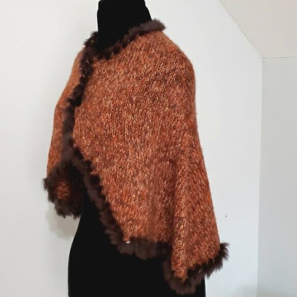 Fur Poncho 100% Dyed Rabbit Fur Lined Knit Outerwear Cardigan - Picture 4 of 9